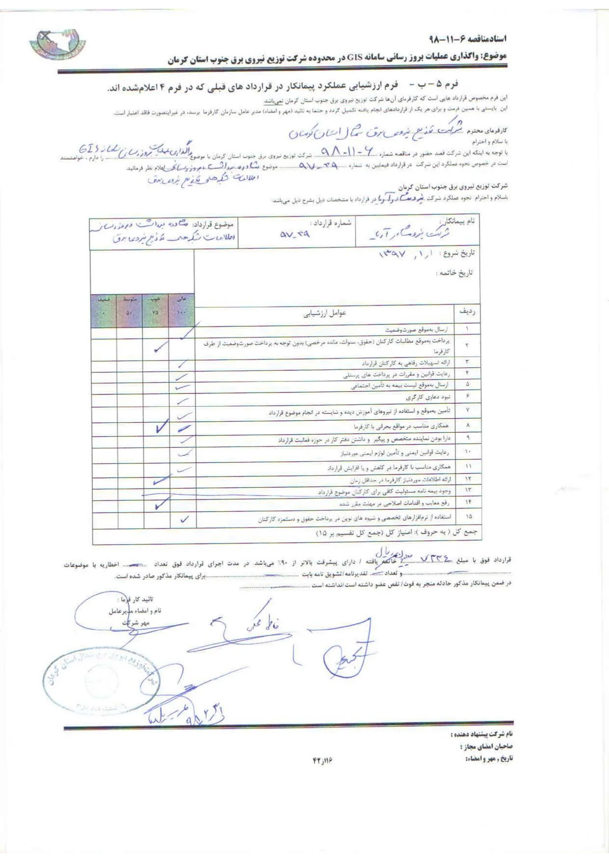 عملکرد شرکت در توزیع برق جنوب استان کرمان 97 